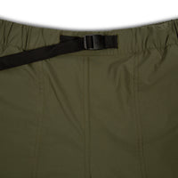 General shot of Topo Designs Men's River Shorts Lightweight quick dry swim trunks showing adjustable belt in Olive green.
