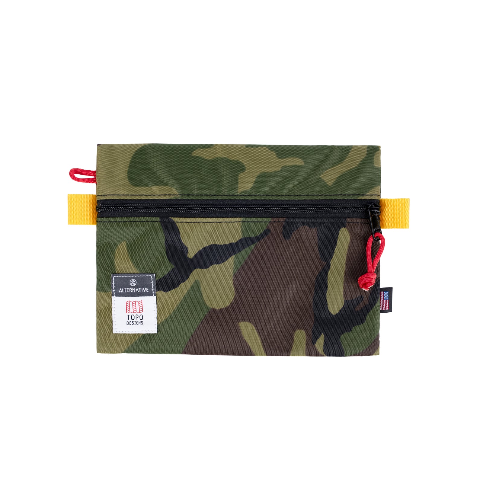 Front product shot of Topo Designs x Alternative Accessory Bags in Woodland Camo