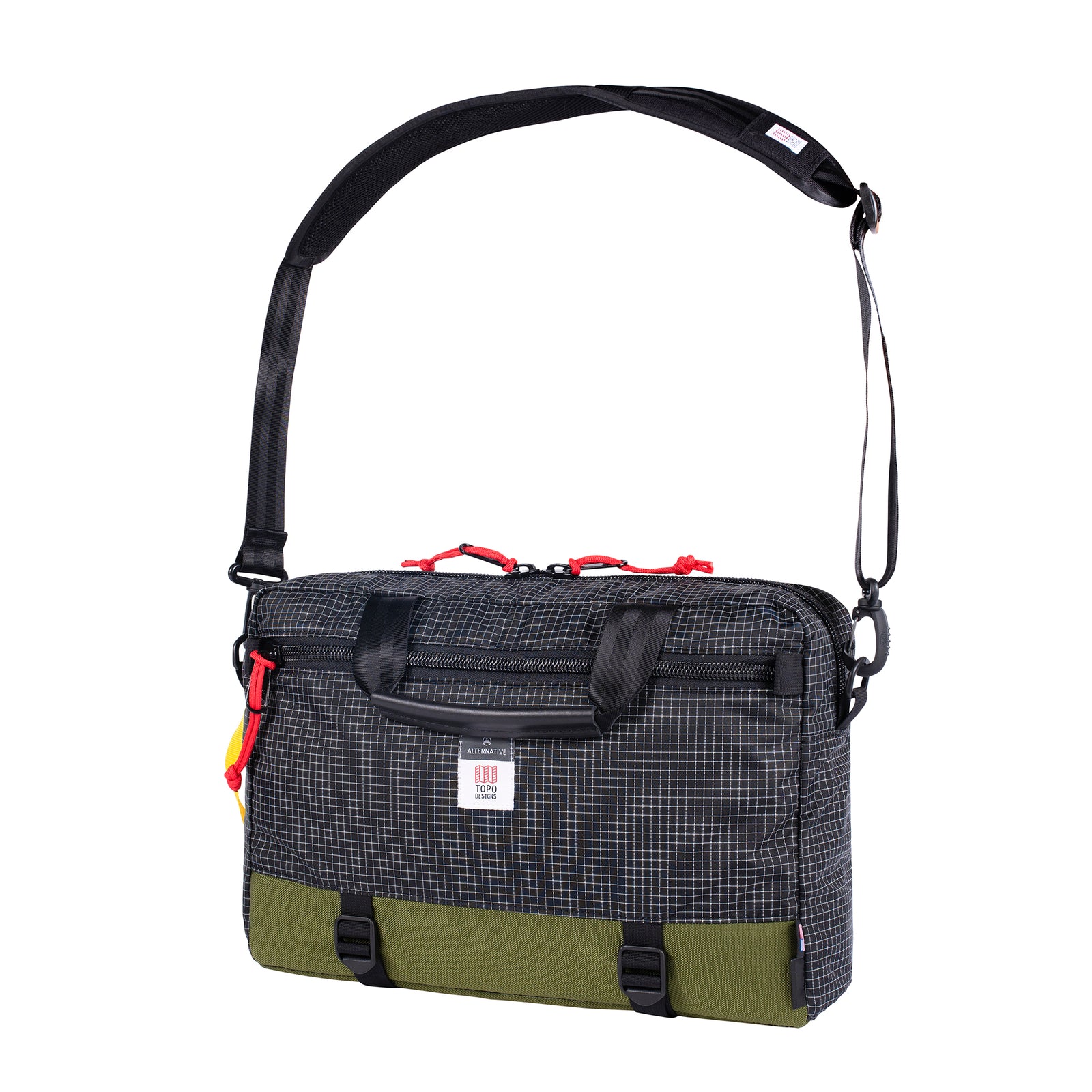 Detail shot of Topo Designs x Alternative Commuter Briefcase in olive/black showing shoulder strap
