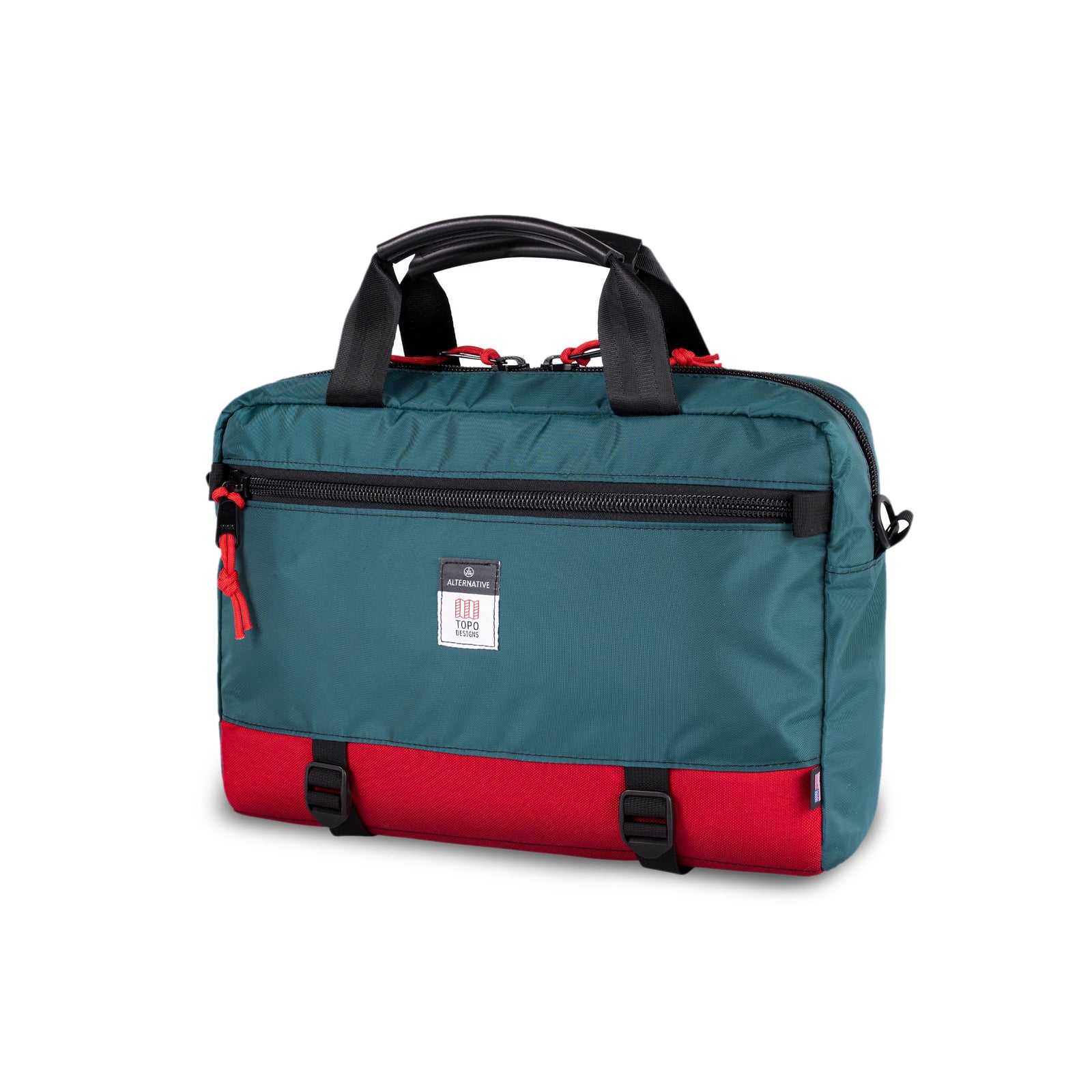 3/4 front product shot of Topo Designs x Alternative Commuter Briefcase in red/teal