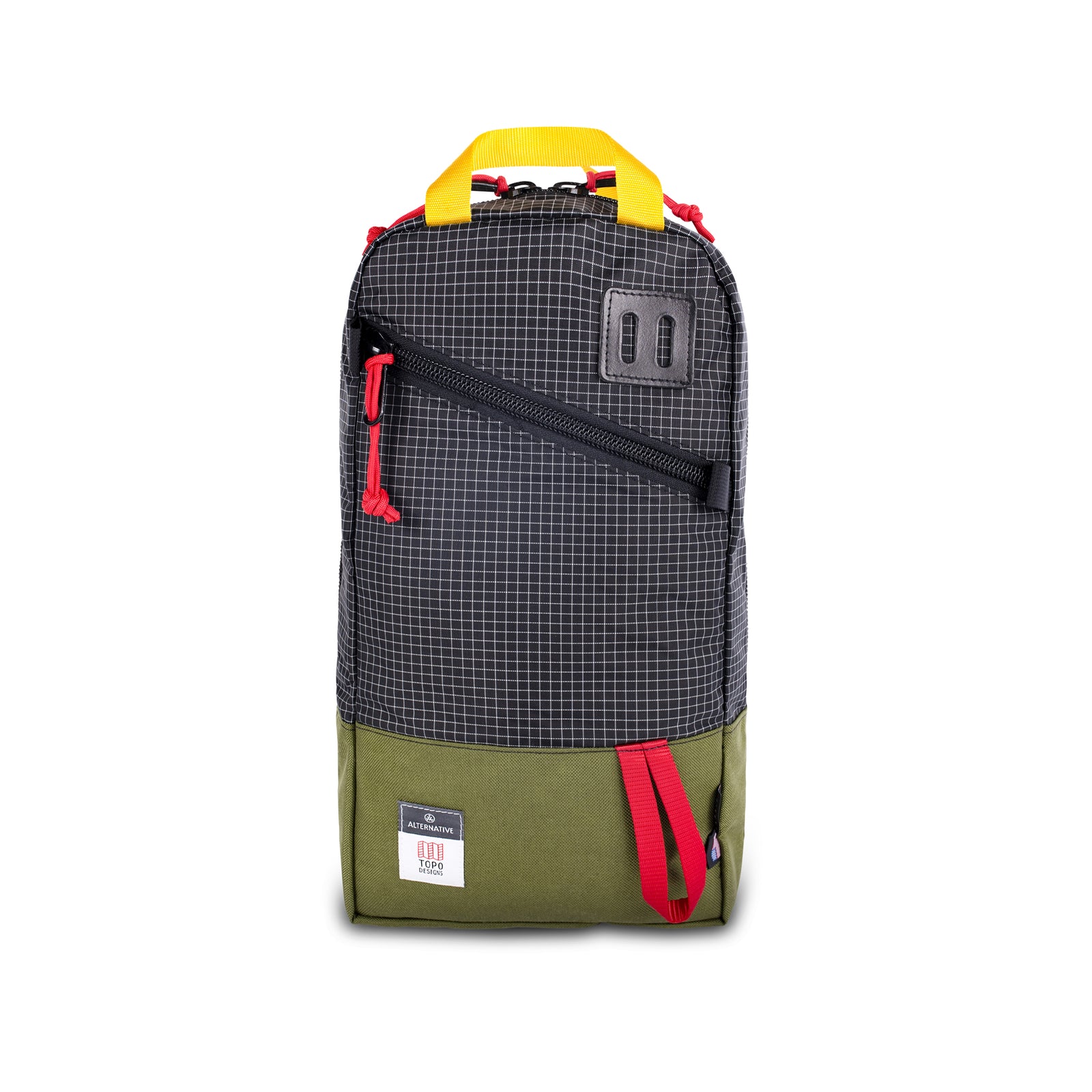 Front product shot of Topo Designs x Alternative Trip Pack in olive/black