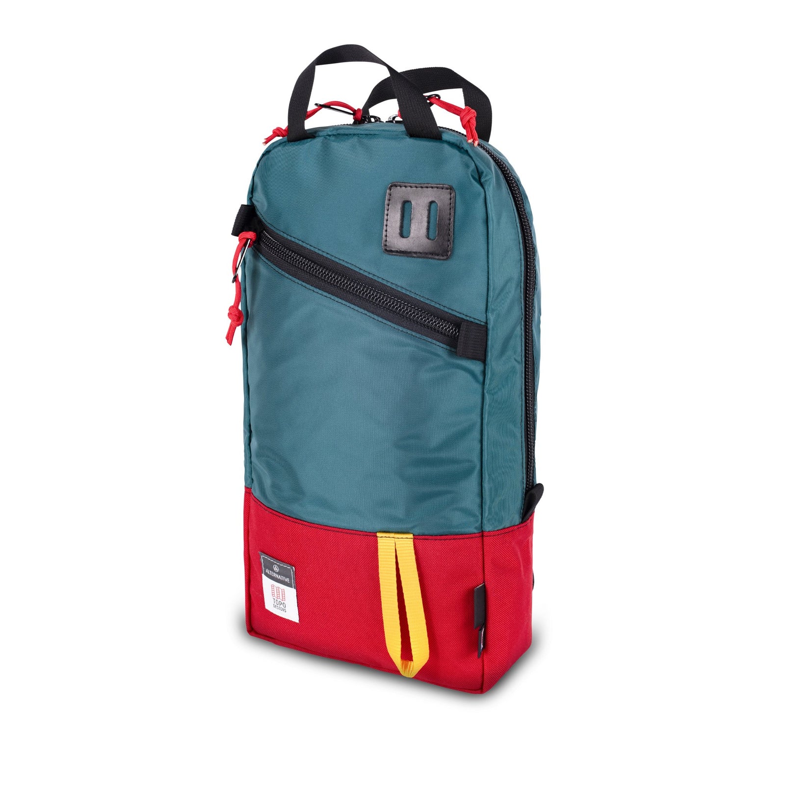 3/4 front product shot of Topo Designs x Alternative Trip Pack in red/teal