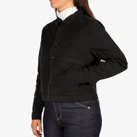 Front model shot of Topo Designs Women's Dirt Jacket in "Black" showing pocket.
