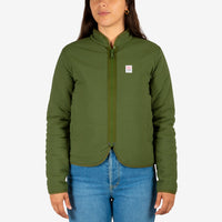 General front model shot of the Topo Designs women's sherpa jacket in "olive" green showing the DWR tech fabric side.
