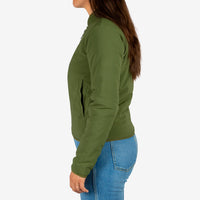 General side model shot of the Topo Designs women's sherpa jacket in "olive" green showing the DWR tech fabric side.